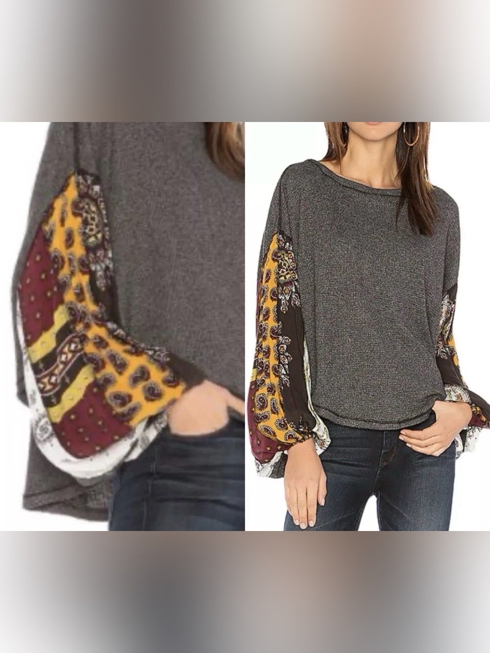 Free People We The Free Blossom Thermal Top Patterned Long Balloon Sleeve Shirt
